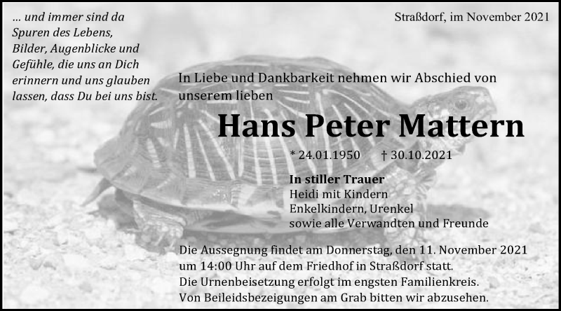  Traueranzeige für Hans Peter Mattern vom 08.11.2021 aus Gmünder Tagespost