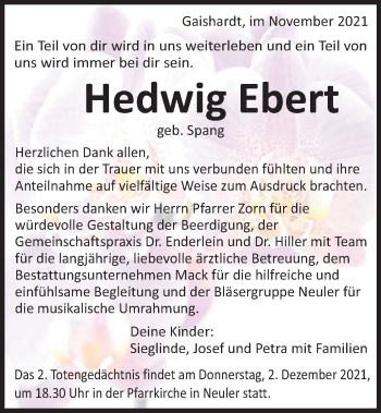 Traueranzeige von Hedwig Ebert von Schwäbische Post