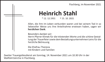 Traueranzeige von Heinrich Stahl von Bopfinger Stadtanzeiger