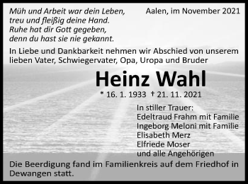 Traueranzeige von Heinz Wahl von Schwäbische Post