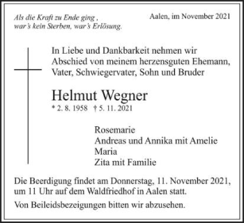 Traueranzeige von Helmut Wegner von Schwäbische Post