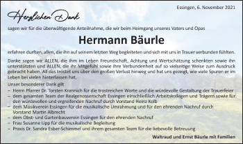 Traueranzeige von Hermann Bäurle von Schwäbische Post