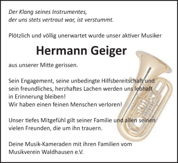 Traueranzeige von Hermann Geiger von Schwäbische Post