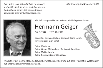 Traueranzeige von Hermann Geiger von Schwäbische Post