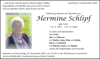 Traueranzeige von Hermine Schlipf von Schwäbische Post