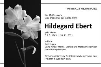 Traueranzeige von Hildegard Ebert von Schwäbische Post