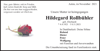 Traueranzeige von Hildegard Rollbühler von Schwäbische Post