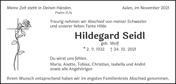 Traueranzeige von Hildegard Seidl von Schwäbische Post