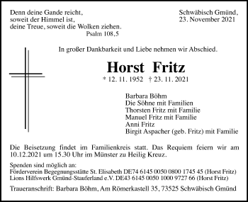 Traueranzeige von Horst Fritz von Gmünder Tagespost