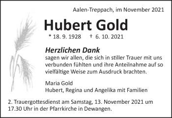 Traueranzeige von Hubert Gold von Schwäbische Post