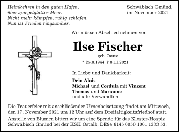 Traueranzeige von Ilse Fischer von Gmünder Tagespost