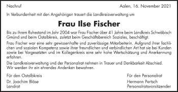Traueranzeige von Ilse Fischer von Gmünder Tagespost