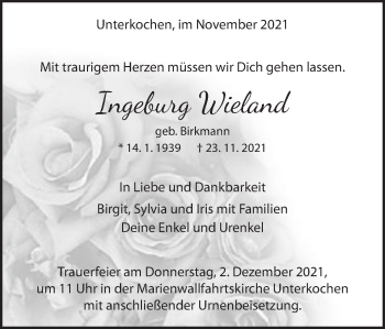 Traueranzeige von Ingeburg Wieland von Schwäbische Post