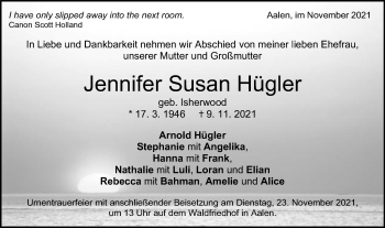 Traueranzeige von Jennifer Susan Hügler von Schwäbische Post