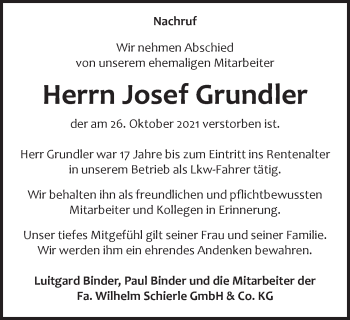 Traueranzeige von Josef Grundler von Schwäbische Post