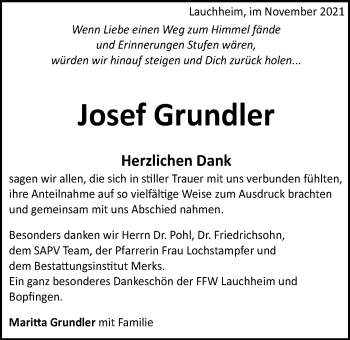 Traueranzeige von Josef Grundler von Schwäbische Post