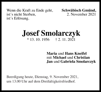 Traueranzeige von Josef Smolarczyk von Gmünder Tagespost