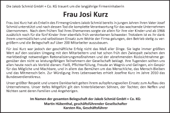 Traueranzeige von Josi Kurz von Schwäbische Post