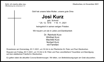 Traueranzeige von Josi Kurz von Schwäbische Post