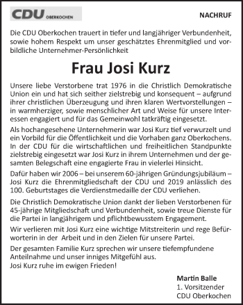 Traueranzeige von Josi Kurz von Amtsblatt_Oko