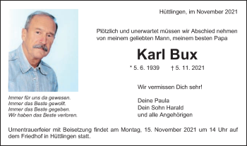 Traueranzeige von Karl Bux von Schwäbische Post