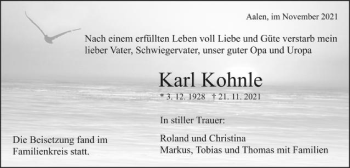 Traueranzeige von Karl Kohnle von Schwäbische Post