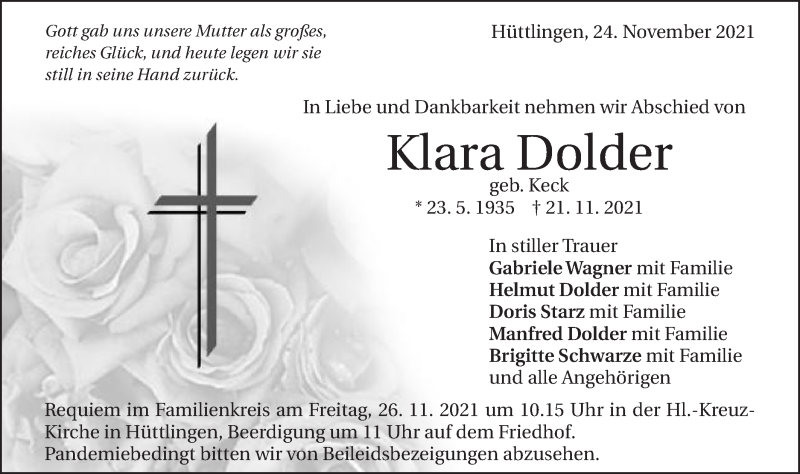  Traueranzeige für Klara Dolder vom 24.11.2021 aus Schwäbische Post