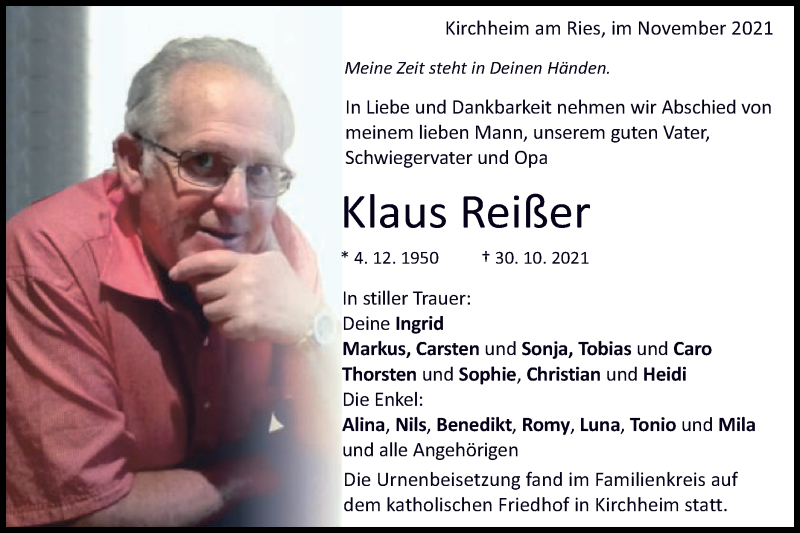  Traueranzeige für Klaus Reißer vom 12.11.2021 aus Schwäbische Post