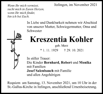 Traueranzeige von Kreszentia Kohler von Schwäbische Post