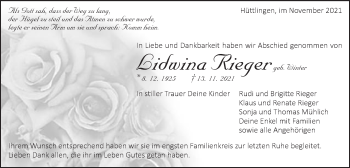 Traueranzeige von Lidwina Rieger von Schwäbische Post