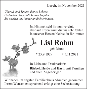 Traueranzeige von Lisl Rohm von Gmünder Tagespost