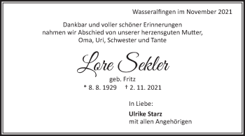 Traueranzeige von Lore Sekler von Schwäbische Post