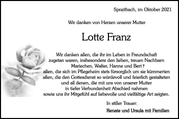 Traueranzeige von Lotte Franz von Gmünder Tagespost