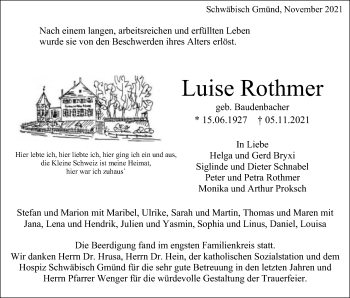 Traueranzeige von Luise Rothmer von Gmünder Tagespost