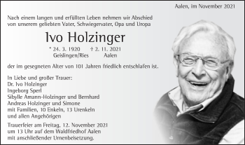 Traueranzeige von lvo Holzfinger von Schwäbische Post
