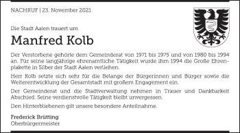Traueranzeige von Manfred Kolb von Schwäbische Post