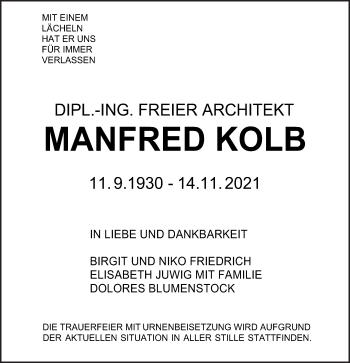Traueranzeige von Manfred Kolb von Schwäbische Post