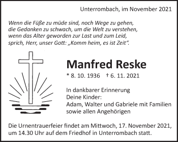 Traueranzeige von Manfred Reske von Schwäbische Post