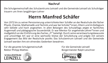 Traueranzeige von Manfred Schäfer von Gmünder Tagespost