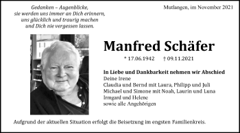 Traueranzeige von Manfred Schäfer von Gmünder Tagespost