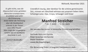 Traueranzeige von Manfred Streicher von Schwäbische Post