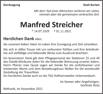 Traueranzeige von Manfred Streicher von Schwäbische Post