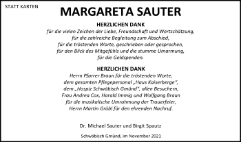 Traueranzeige von Margareta Sauter von Gmünder Tagespost