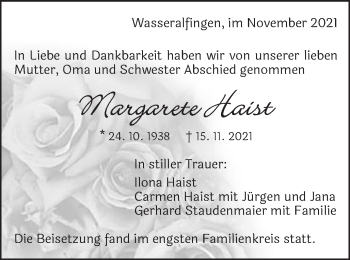 Traueranzeige von Margarete Haist von Schwäbische Post