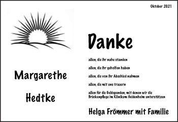 Traueranzeige von Margarethe Hedtke von Amtsblatt_Oko