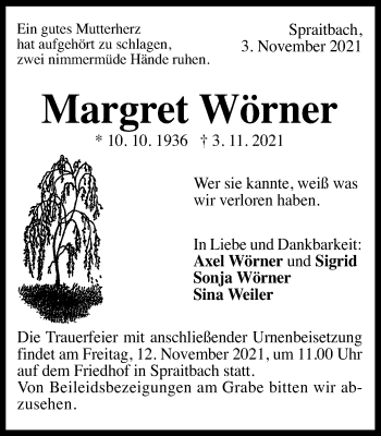 Traueranzeige von Margret Wörner von Gmünder Tagespost