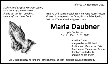 Traueranzeige von Maria Daubner von Gmünder Tagespost