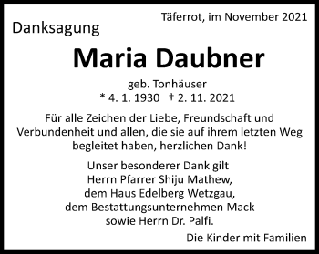 Traueranzeige von Maria Daubner von Gmünder Tagespost