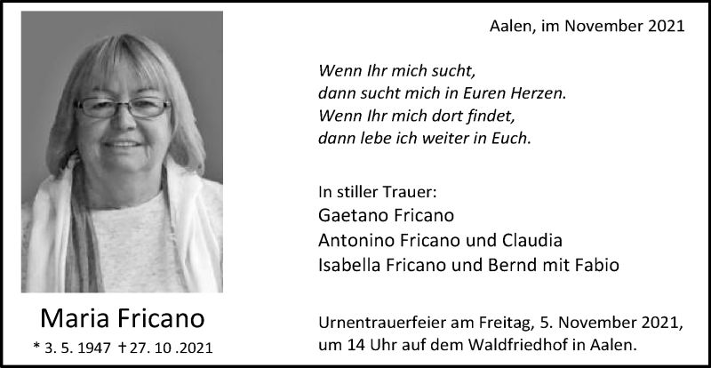  Traueranzeige für Maria Fricano vom 03.11.2021 aus Schwäbische Post