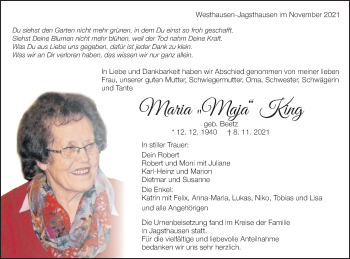 Traueranzeige von Maria King von Schwäbische Post
